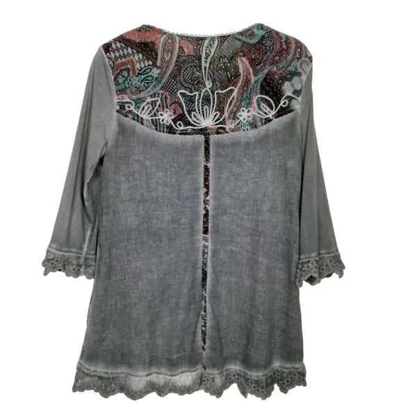 Soft Surroundings Tunic Top Shirt Women Small Gray Paisley Embroidered Lace Trim - Picture 3 of 16